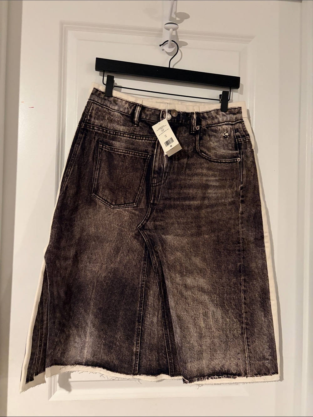 Tory Burch Washed Black Denim Midi Skirt with Cream Side Stripe